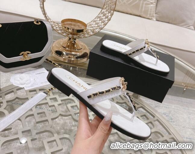 Good Looking Chanel Lambskin CC Chain Thong Slide Sandals White 042164