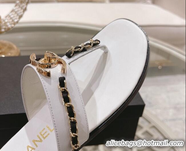 Good Looking Chanel Lambskin CC Chain Thong Slide Sandals White 042164