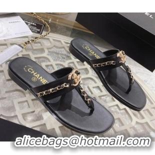 Sumptuous Chanel Lambskin CC Chain Thong Slide Sandals Black 042165