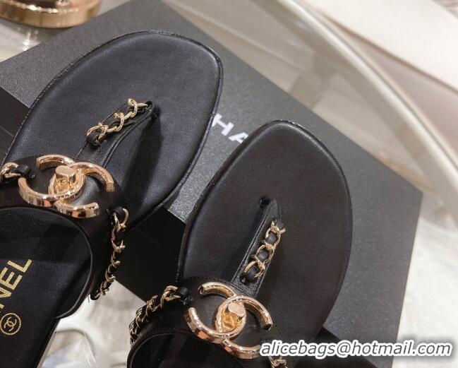 Sumptuous Chanel Lambskin CC Chain Thong Slide Sandals Black 042165