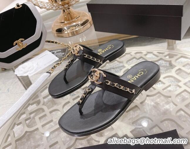 Sumptuous Chanel Lambskin CC Chain Thong Slide Sandals Black 042165