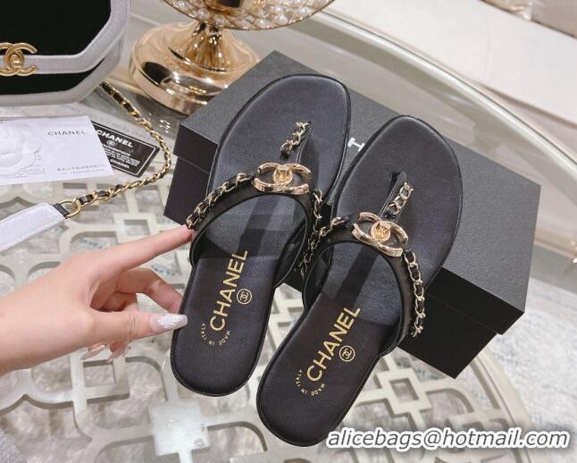 Sumptuous Chanel Lambskin CC Chain Thong Slide Sandals Black 042165