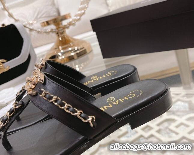 Sumptuous Chanel Lambskin CC Chain Thong Slide Sandals Black 042165