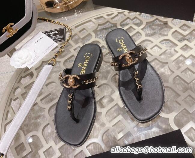 Sumptuous Chanel Lambskin CC Chain Thong Slide Sandals Black 042165