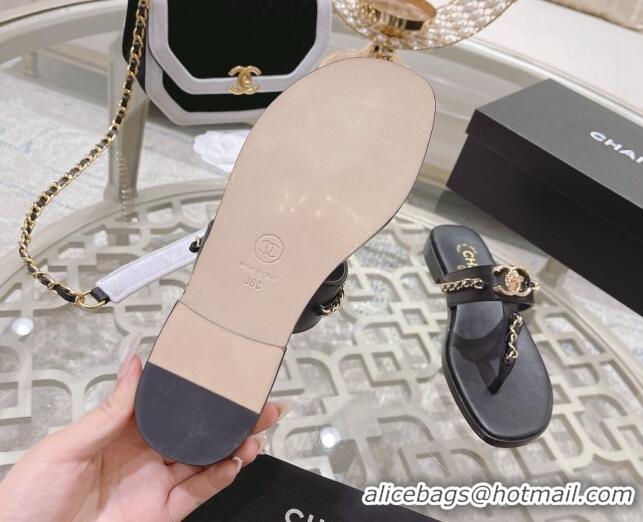 Sumptuous Chanel Lambskin CC Chain Thong Slide Sandals Black 042165