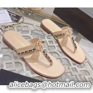 Classic Hot Chanel Lambskin CC Chain Thong Slide Sandals Apricot 042166