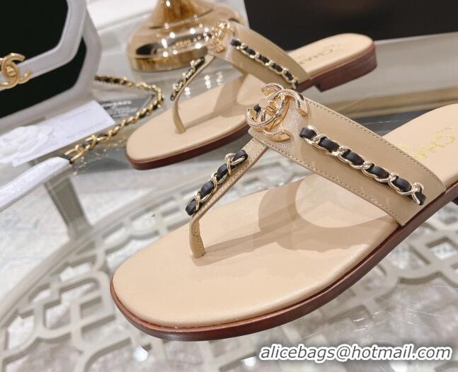 Classic Hot Chanel Lambskin CC Chain Thong Slide Sandals Apricot 042166