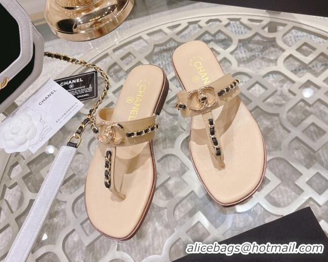 Classic Hot Chanel Lambskin CC Chain Thong Slide Sandals Apricot 042166