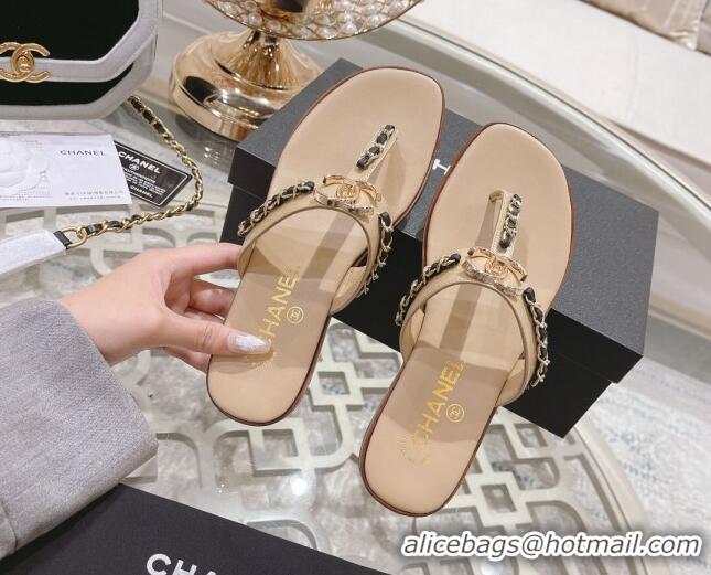 Classic Hot Chanel Lambskin CC Chain Thong Slide Sandals Apricot 042166