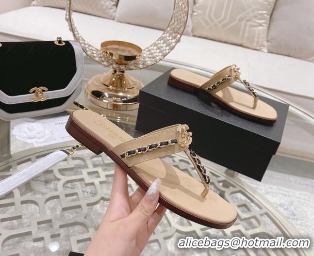 Classic Hot Chanel Lambskin CC Chain Thong Slide Sandals Apricot 042166