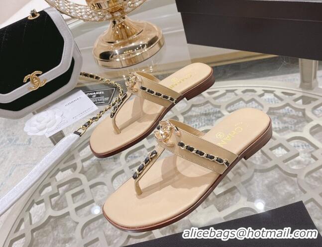 Classic Hot Chanel Lambskin CC Chain Thong Slide Sandals Apricot 042166