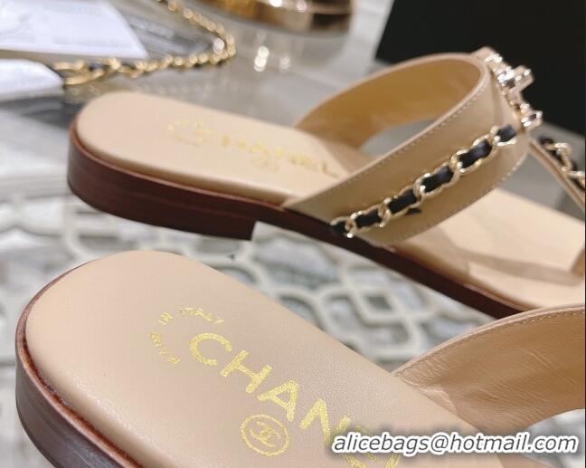 Classic Hot Chanel Lambskin CC Chain Thong Slide Sandals Apricot 042166