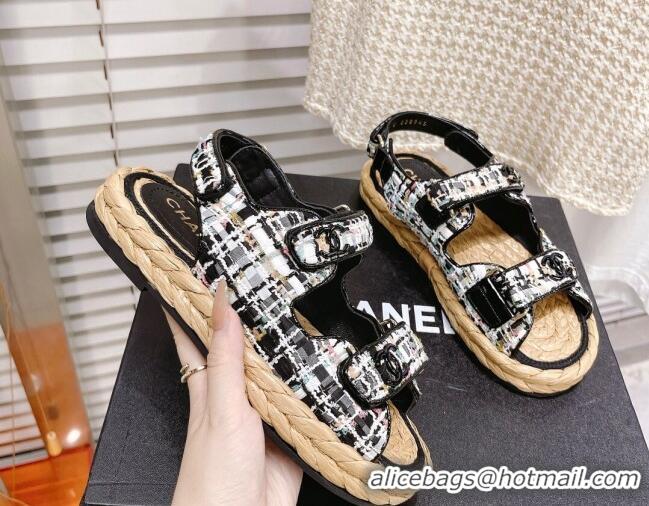 Low Price Chanel Tweed Strap Sandals G38945 Black/White/Multicolor 042175