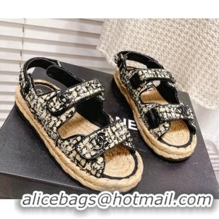 Stylish Chanel Tweed Strap Sandals G38945 Black/Beige 042177