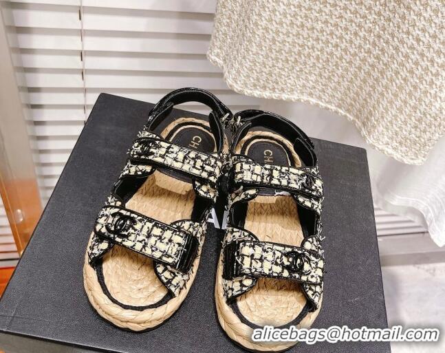 Stylish Chanel Tweed Strap Sandals G38945 Black/Beige 042177