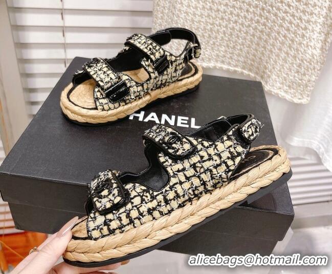 Stylish Chanel Tweed Strap Sandals G38945 Black/Beige 042177