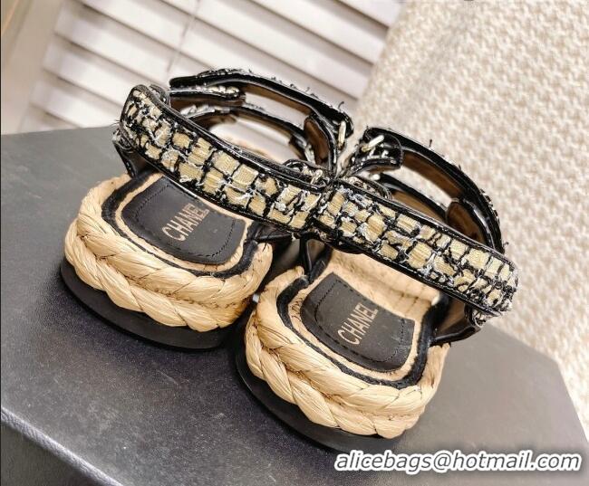 Stylish Chanel Tweed Strap Sandals G38945 Black/Beige 042177