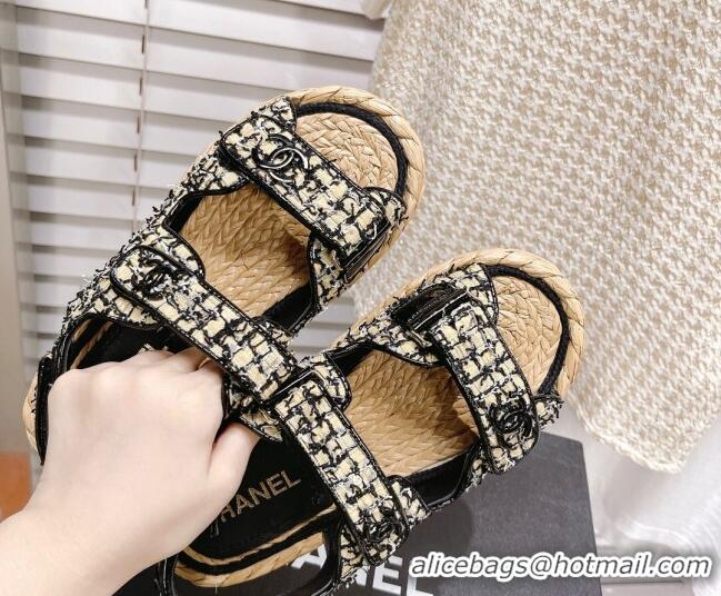 Stylish Chanel Tweed Strap Sandals G38945 Black/Beige 042177