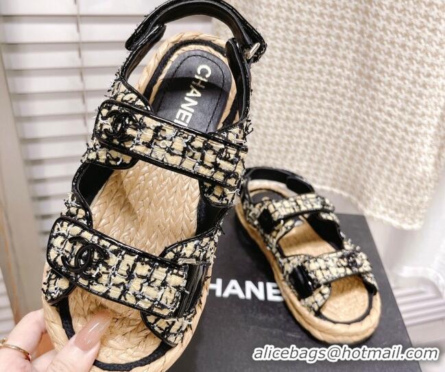 Stylish Chanel Tweed Strap Sandals G38945 Black/Beige 042177