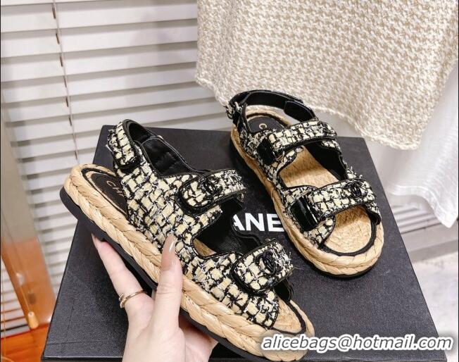 Stylish Chanel Tweed Strap Sandals G38945 Black/Beige 042177