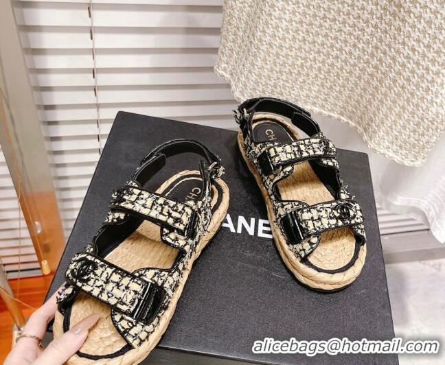 Stylish Chanel Tweed Strap Sandals G38945 Black/Beige 042177