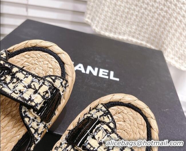 Stylish Chanel Tweed Strap Sandals G38945 Black/Beige 042177