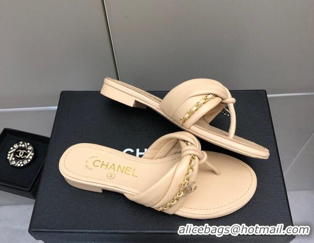 Good Looking Chanel Lambskin Chain Knot Flat Slide Sandals G38210 Beige 042180