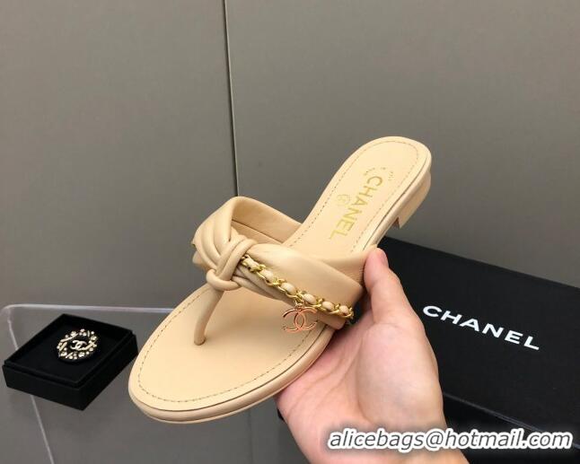 Good Looking Chanel Lambskin Chain Knot Flat Slide Sandals G38210 Beige 042180