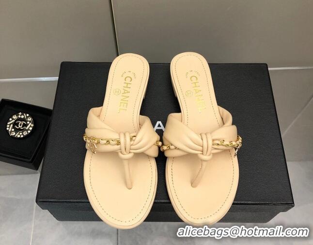 Good Looking Chanel Lambskin Chain Knot Flat Slide Sandals G38210 Beige 042180