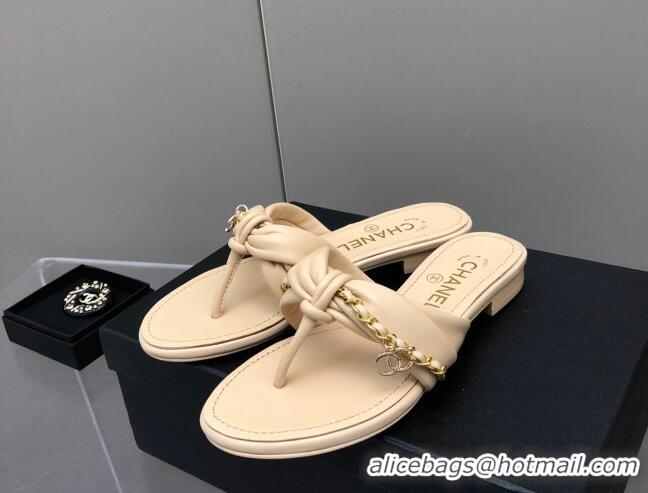 Good Looking Chanel Lambskin Chain Knot Flat Slide Sandals G38210 Beige 042180