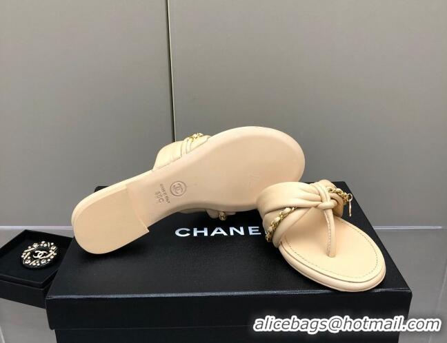 Good Looking Chanel Lambskin Chain Knot Flat Slide Sandals G38210 Beige 042180