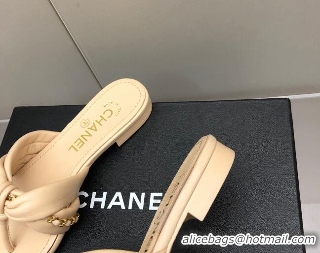 Good Looking Chanel Lambskin Chain Knot Flat Slide Sandals G38210 Beige 042180