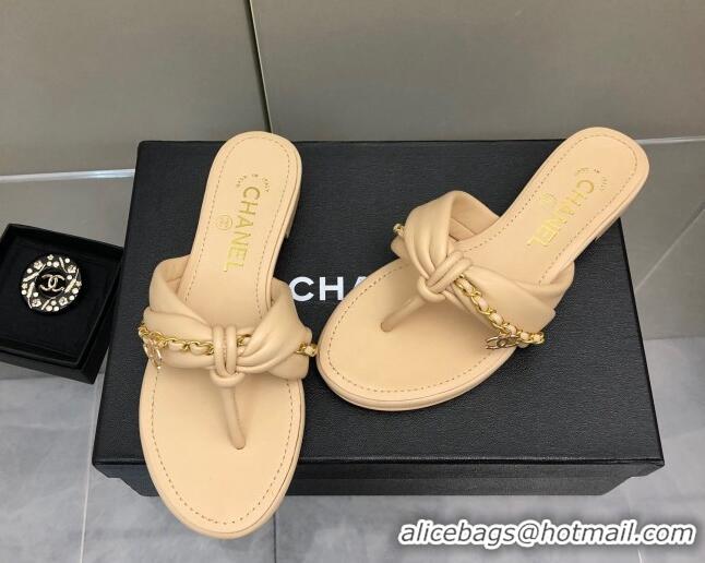 Good Looking Chanel Lambskin Chain Knot Flat Slide Sandals G38210 Beige 042180