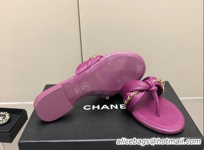 Classic Hot Chanel Lambskin Chain Knot Flat Slide Sandals G38210 Purple 042181