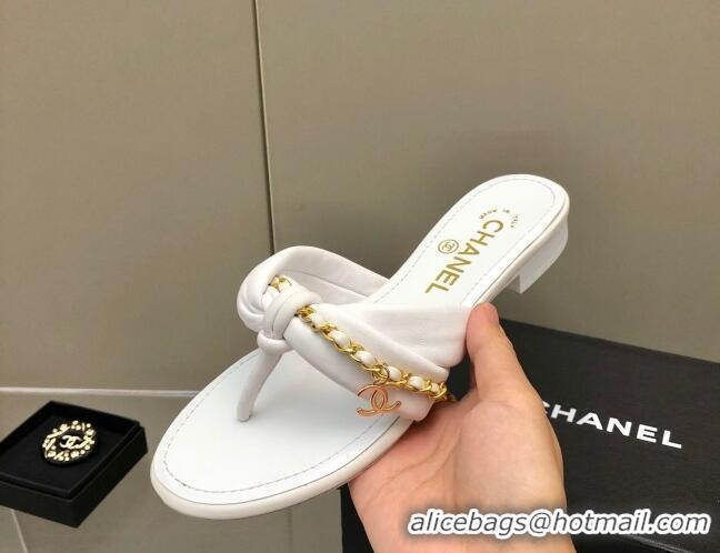 Best Grade Chanel Lambskin Chain Knot Flat Slide Sandals G38210 White 042183