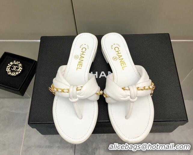 Best Grade Chanel Lambskin Chain Knot Flat Slide Sandals G38210 White 042183