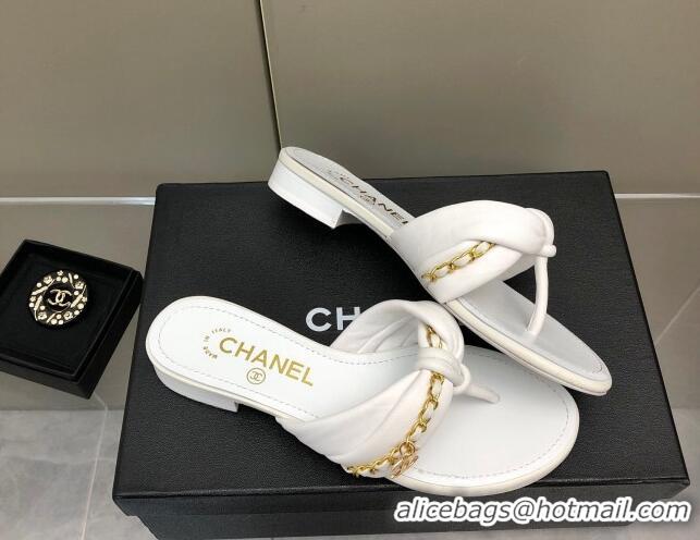 Best Grade Chanel Lambskin Chain Knot Flat Slide Sandals G38210 White 042183