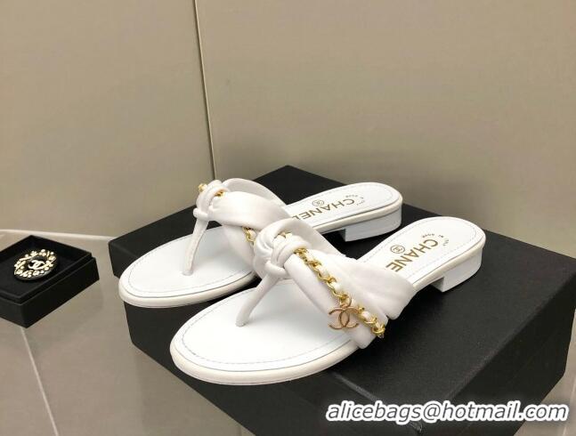 Best Grade Chanel Lambskin Chain Knot Flat Slide Sandals G38210 White 042183