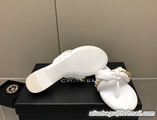 Best Grade Chanel Lambskin Chain Knot Flat Slide Sandals G38210 White 042183