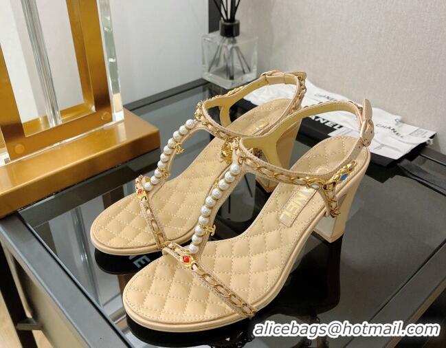 Hot Style Chanel Lambskin & Jewelry High Heel Sandals 8.5cm G38916 Beige