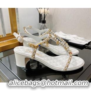 Stylish Chanel Lambskin & Jewelry Medium Heel Sandals 5cm G38916 White