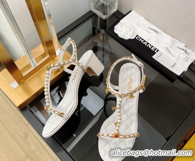 Stylish Chanel Lambskin & Jewelry Medium Heel Sandals 5cm G38916 White