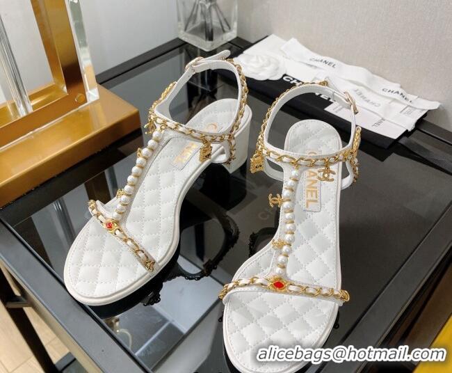 Stylish Chanel Lambskin & Jewelry Medium Heel Sandals 5cm G38916 White