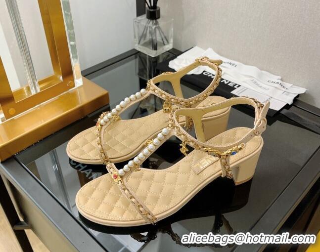 Sumptuous Chanel Lambskin & Jewelry Medium Heel Sandals 5cm G38916 Beige