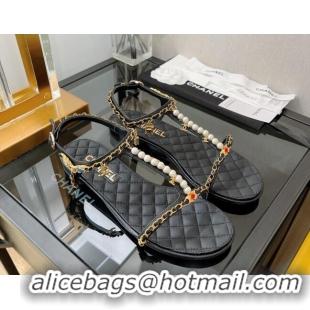 Duplicate Chanel Lambskin & Jewelry Flat Sandals G38916 Black