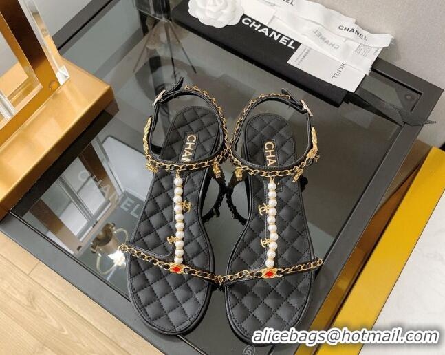 Duplicate Chanel Lambskin & Jewelry Flat Sandals G38916 Black