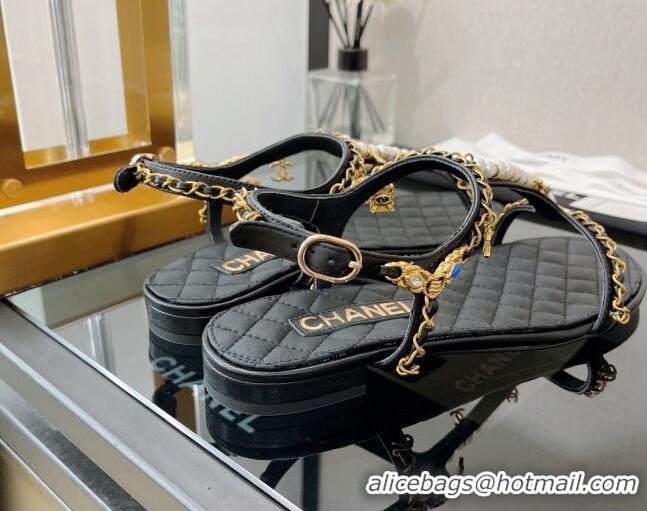 Duplicate Chanel Lambskin & Jewelry Flat Sandals G38916 Black