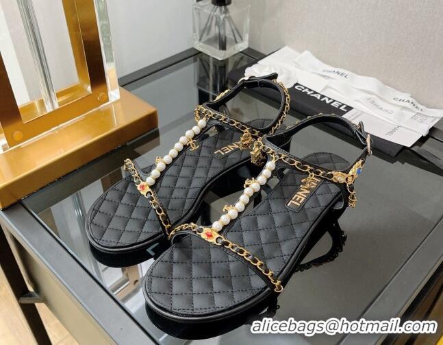 Duplicate Chanel Lambskin & Jewelry Flat Sandals G38916 Black