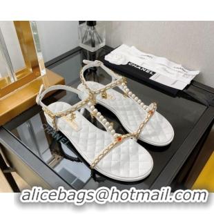 Classic Hot Chanel Lambskin & Jewelry Flat Sandals G38916 White