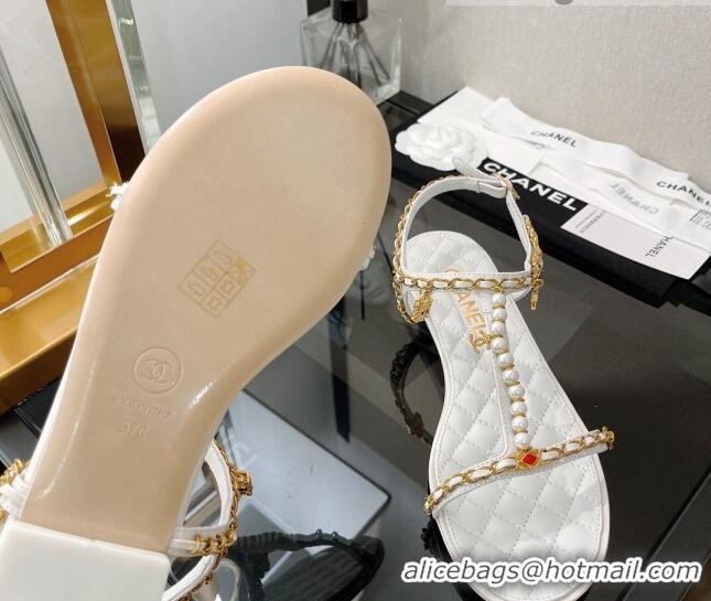 Classic Hot Chanel Lambskin & Jewelry Flat Sandals G38916 White